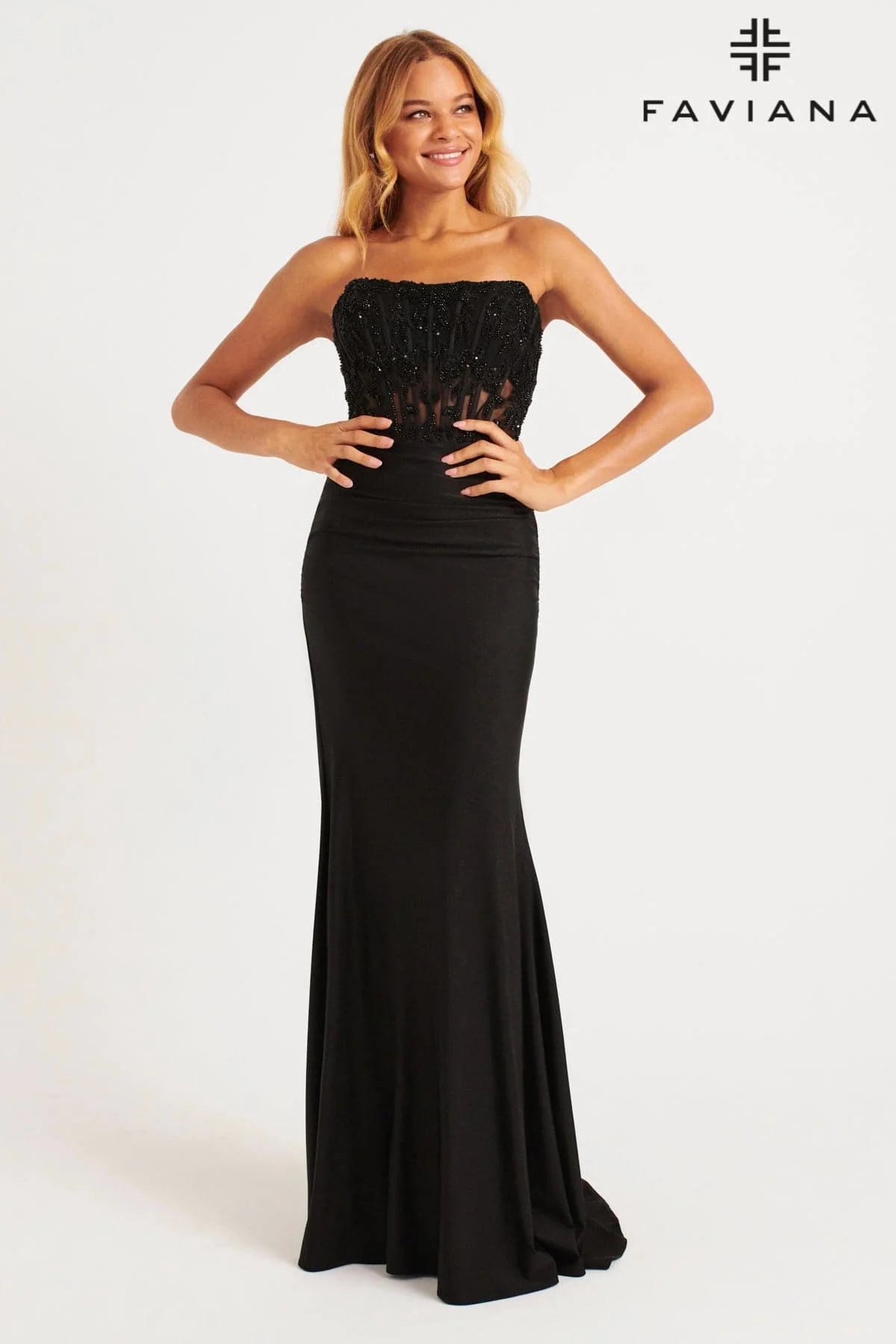 Faviana Beaded Lace Corset Dress