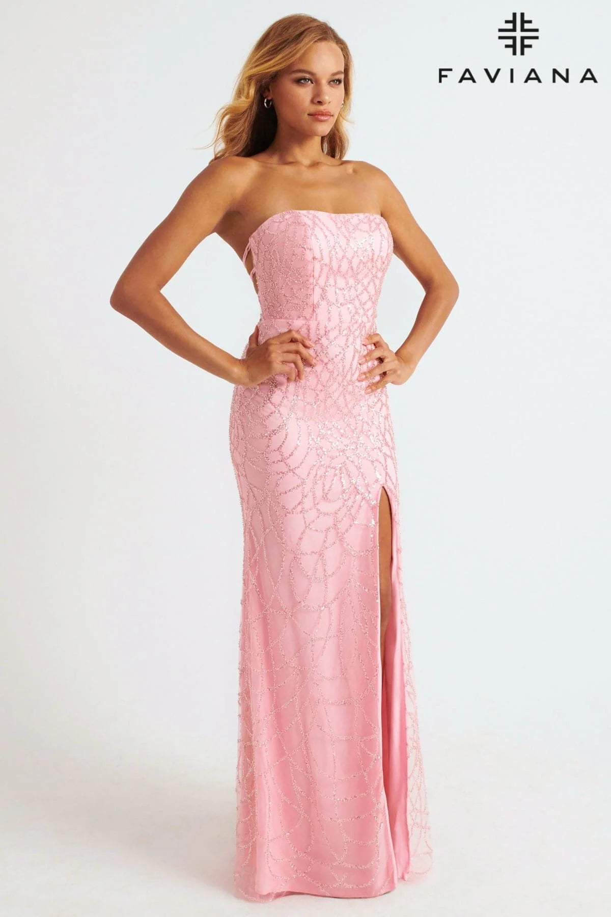 Faviana Beaded Appliqué Strapless Dress