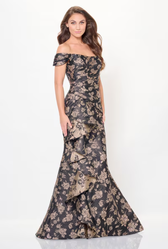 Mon Cheri Floral Off-The-Shoulder Montage Dress