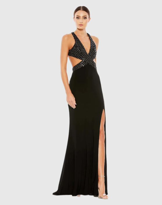 Mac Duggal Floral Sequined Criss Cross Dress