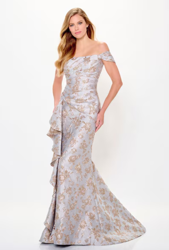 Mon Cheri Floral Off-The-Shoulder Montage Dress