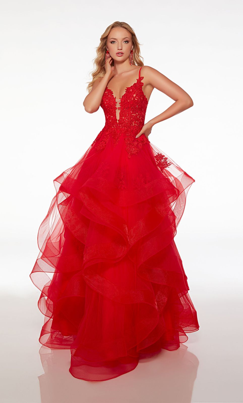 Alyce Paris Flounce Skirt Plunging Neck Dress