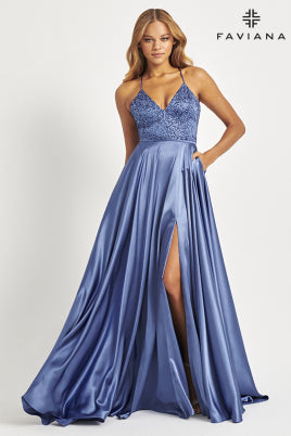 Faviana Embellished Silky Charmeuse Dress