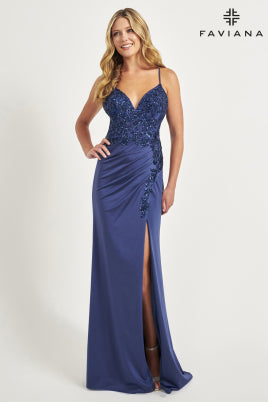 Faviana Stretch Charmeuse Sequin Appliqué Dress