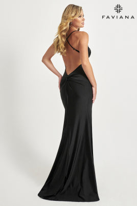 Faviana Embellished Bodice and Slit Dress