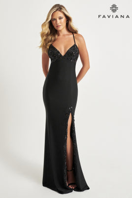 Faviana Embellished Bodice and Slit Dress