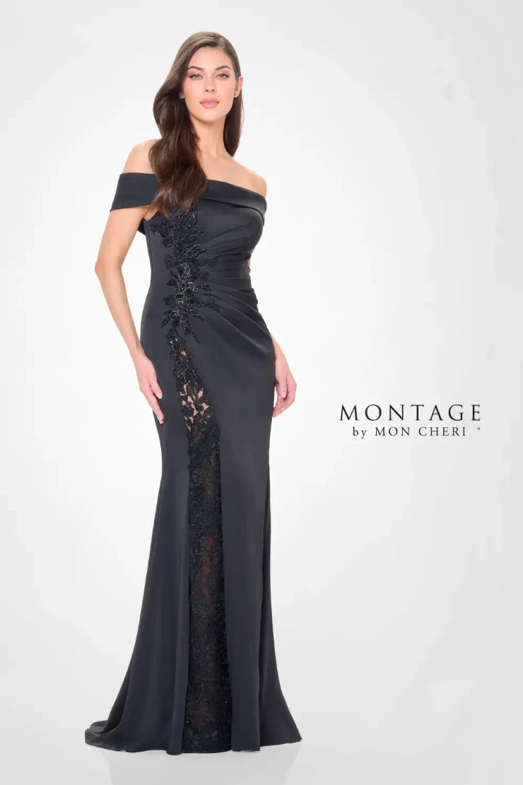 Mon Cheri Pleated Off-The-Shoulder Montage Dress