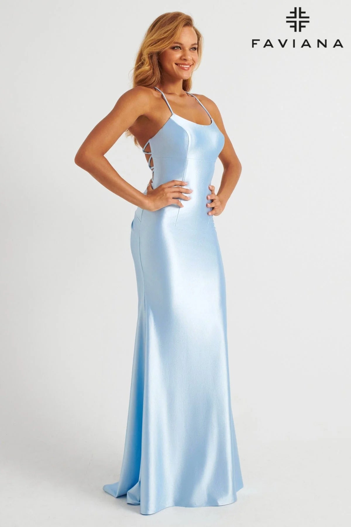 Faviana Scoop Neck Satin Dress
