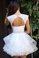 Jovani Lace Bodice Open Back Ruffle Mini Dress