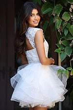 Jovani Lace Bodice Open Back Ruffle Mini Dress