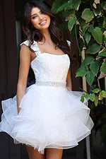Jovani Lace Bodice Open Back Ruffle Mini Dress