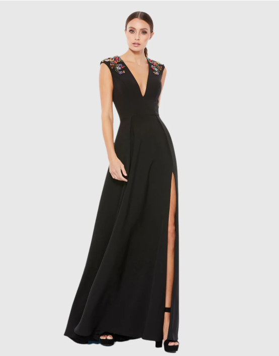 Mac Duggal Floral Beaded A-Line Dress