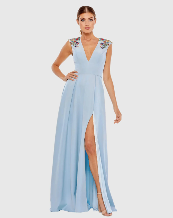 Mac Duggal Floral Beaded A-Line Dress