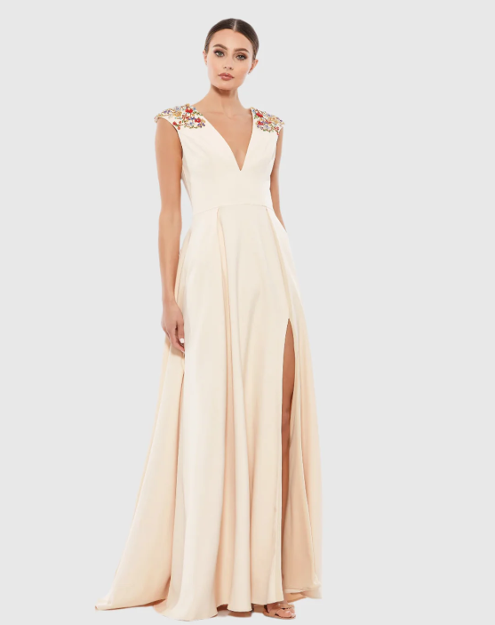 Mac Duggal Floral Beaded A-Line Dress