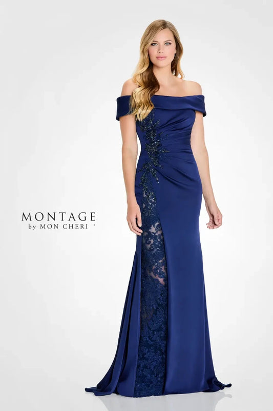Mon Cheri Pleated Off-The-Shoulder Montage Dress
