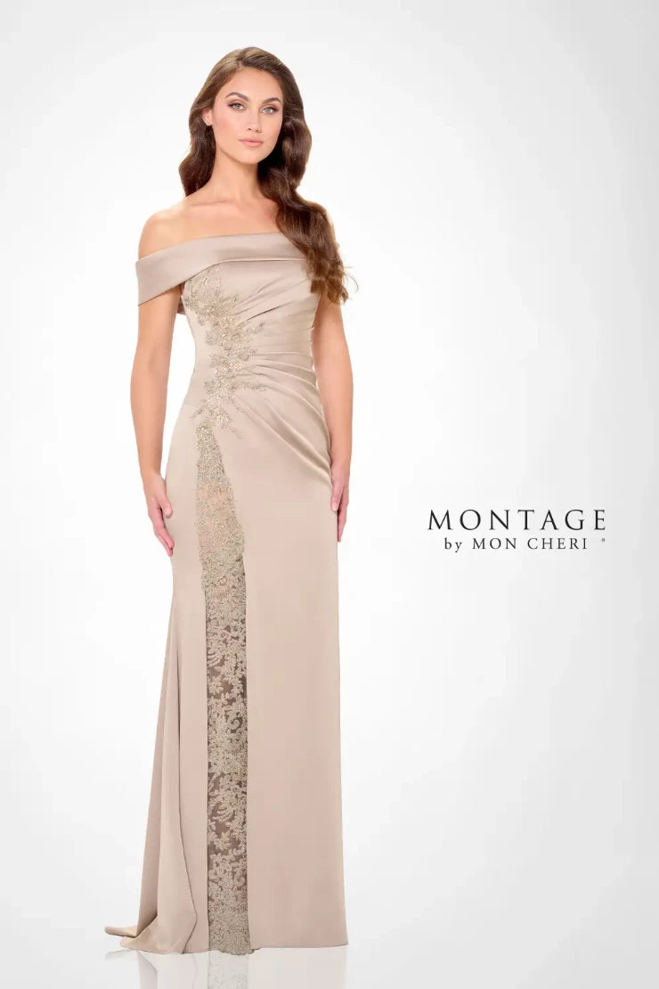 Mon Cheri Pleated Off-The-Shoulder Montage Dress