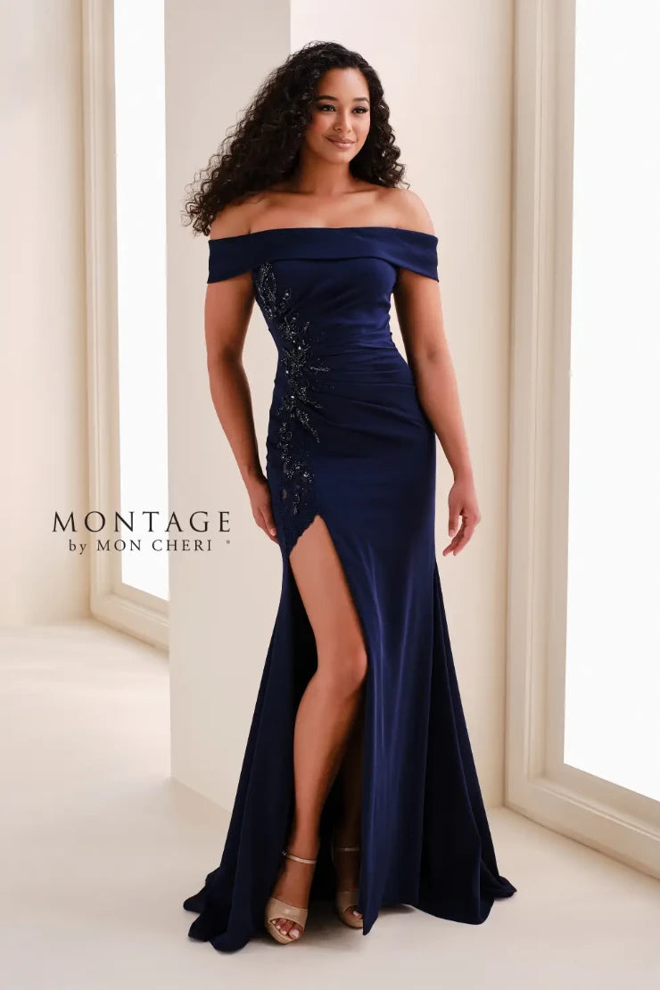 Mon Cheri Pleated Off-The-Shoulder Montage Dress