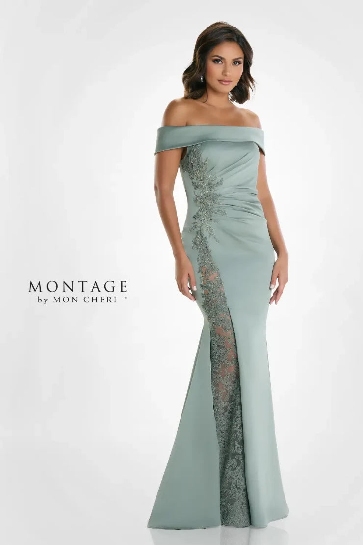 Mon Cheri Pleated Off-The-Shoulder Montage Dress